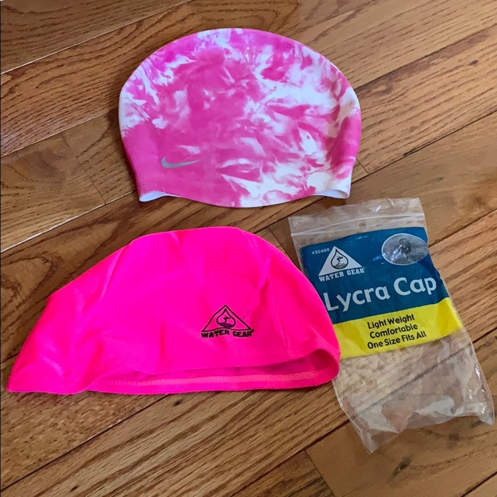 Pink & Tie Dye Lycra and Silicone Swim Cap Bundle